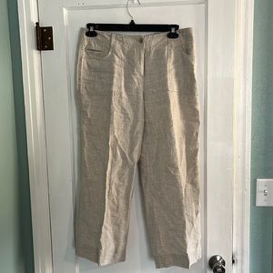 Linen, tan, wide leg, cropped pants.